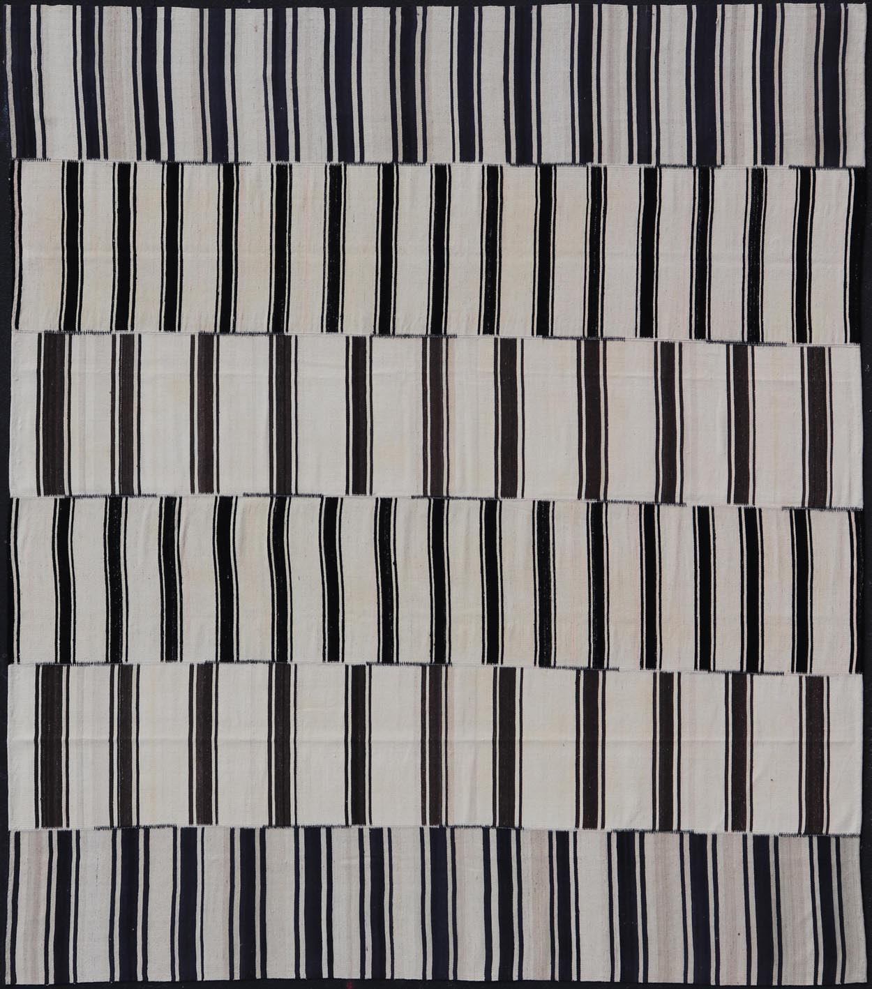 Multi paneled Vintage Turkish Stripe Kilim in Off White, Black, Brown & Dark Blue. Multi paneled Flat - weave vintage Turkish Kilim with vertical stripes in off white background with dark blue, charcoal, Brown and black colors. Keivan Woven Arts - ... - Keivan Woven ArtsTU - NED - 1002 - 14552Rug