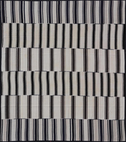 Multi paneled Vintage Turkish Stripe Kilim in Off White, Black, Brown & Dark Blue. Multi paneled Flat - weave vintage Turkish Kilim with vertical stripes in off white background with dark blue, charcoal, Brown and black colors. Keivan Woven Arts - ... - Keivan Woven ArtsTU - NED - 1002 - 14552Rug