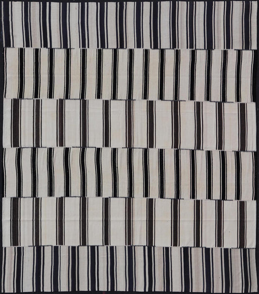 Multi paneled Vintage Turkish Stripe Kilim in Off White, Black, Brown & Dark Blue. Multi paneled Flat - weave vintage Turkish Kilim with vertical stripes in off white background with dark blue, charcoal, Brown and black colors. Keivan Woven Arts - ... - Keivan Woven ArtsTU - NED - 1002 - 14552