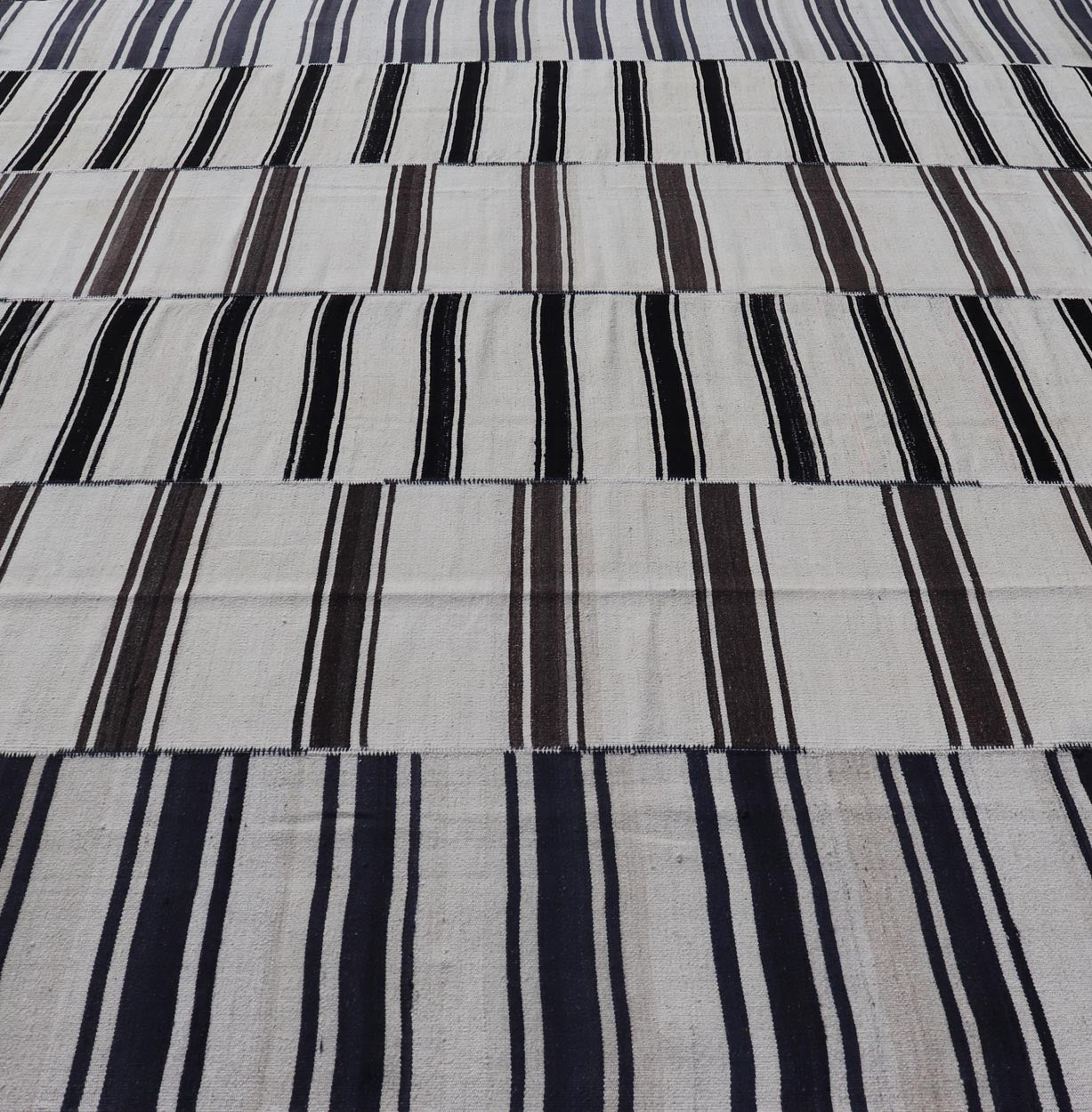 Multi paneled Vintage Turkish Stripe Kilim in Off White, Black, Brown & Dark Blue. Multi paneled Flat - weave vintage Turkish Kilim with vertical stripes in off white background with dark blue, charcoal, Brown and black colors. Keivan Woven Arts - ... - Keivan Woven ArtsTU - NED - 1002 - 14552Rug