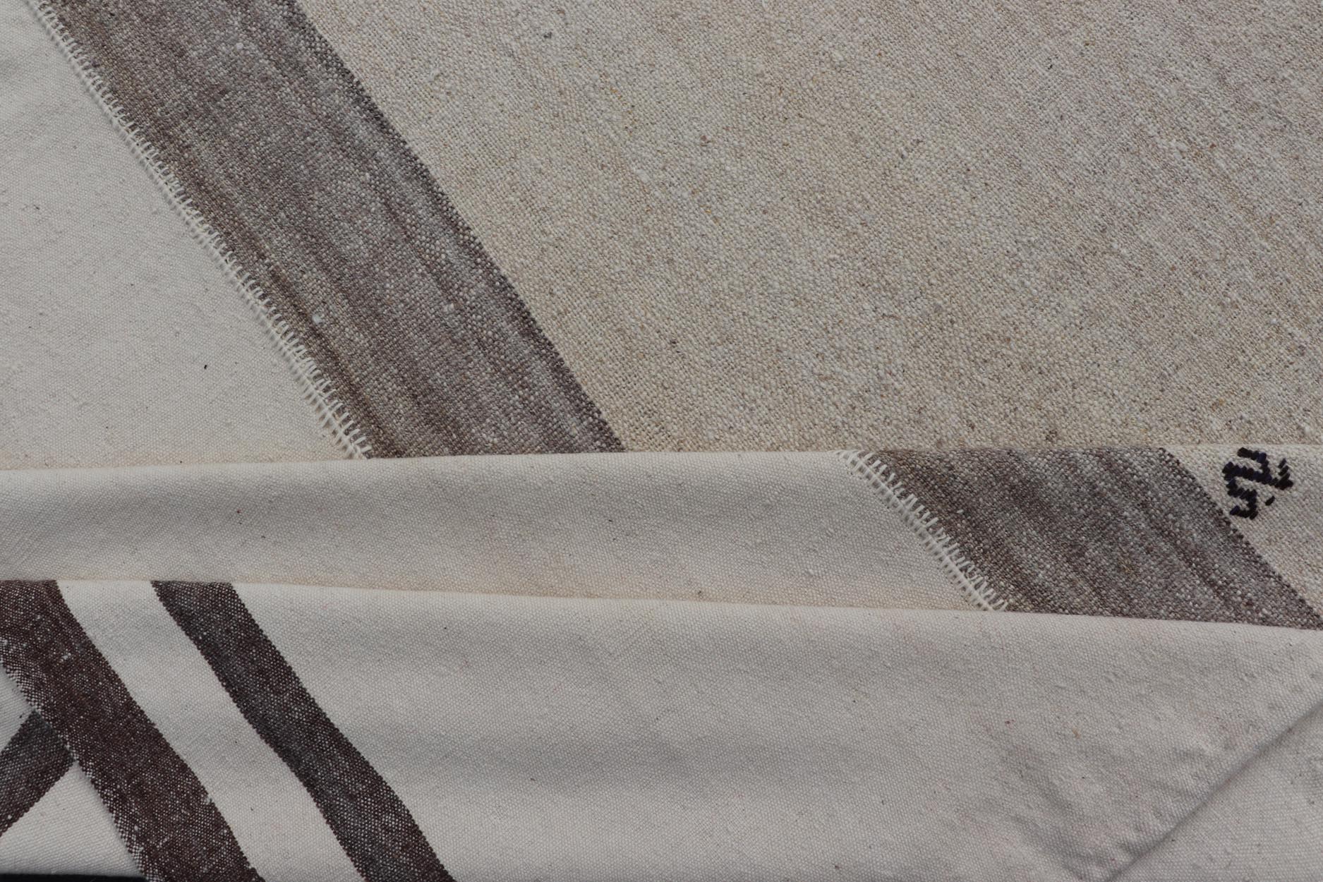 Large Vintage Turkish multi paneled Kilim Rug With Stripes in Brown, White & Cream. Flat - weave Kilim vintage rug from Turkey with stripes in brown, white, taupe, and cream Rug TU - NED - 1003, country of origin / type: Turkey / Kilim, circa 1950 ... - Keivan Woven ArtsTU - NED - 1003 - 14556Rug