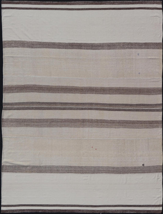 Large Vintage Turkish multi paneled Kilim Rug With Stripes in Brown, White & Cream. Flat - weave Kilim vintage rug from Turkey with stripes in brown, white, taupe, and cream Rug TU - NED - 1003, country of origin / type: Turkey / Kilim, circa 1950 ... - Keivan Woven ArtsTU - NED - 1003 - 14556