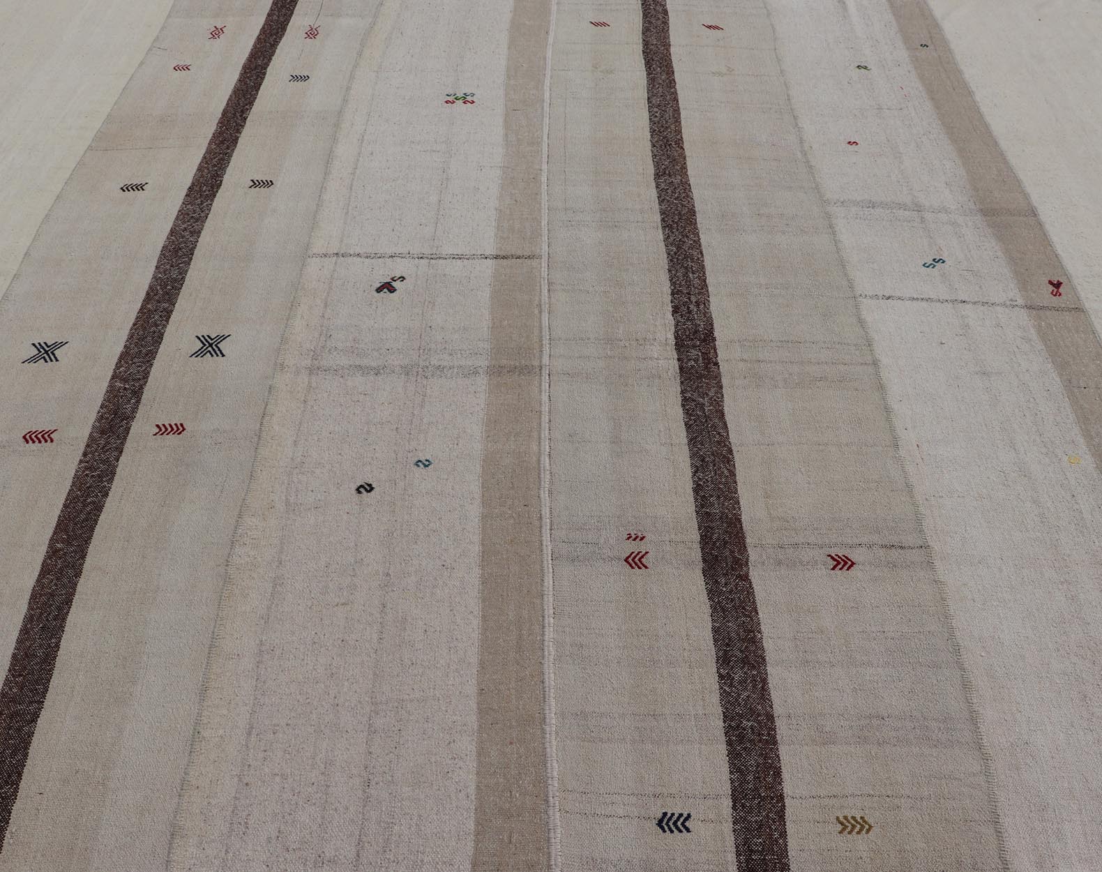 Large Vintage Turkish Kilim Rug with Multiple Panels in Taupe, Brown and Cream. Vintage Flat - weave Kilim rug from Turkey with stripes in brown, taupe, and cream Rug TU - NED - 1004, country of origin / type: Turkey / Kilim, circa 1930 Woven ... - Keivan Woven ArtsTU - NED - 1004 - 14560Rug