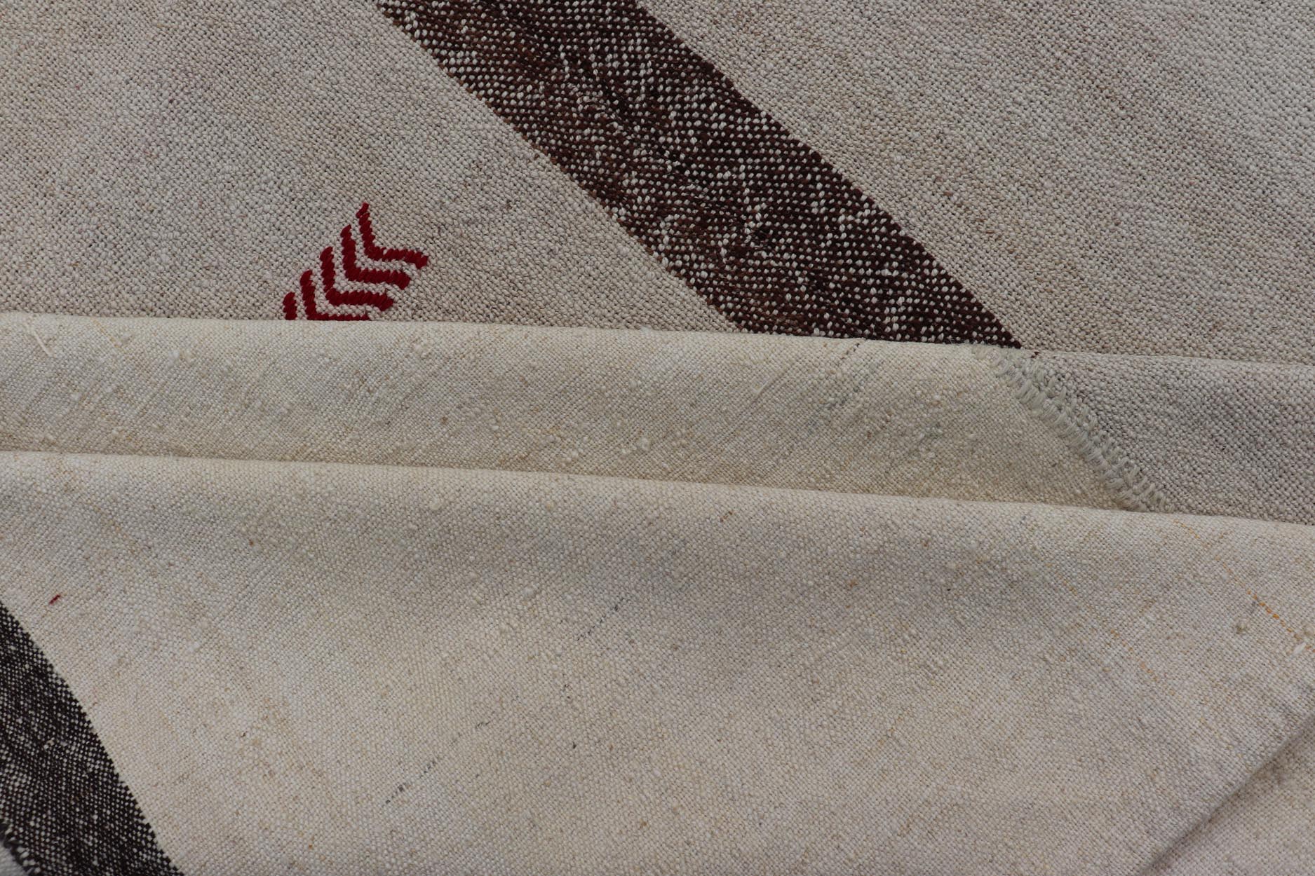 Large Vintage Turkish Kilim Rug with Multiple Panels in Taupe, Brown and Cream. Vintage Flat - weave Kilim rug from Turkey with stripes in brown, taupe, and cream Rug TU - NED - 1004, country of origin / type: Turkey / Kilim, circa 1930 Woven ... - Keivan Woven ArtsTU - NED - 1004 - 14560Rug