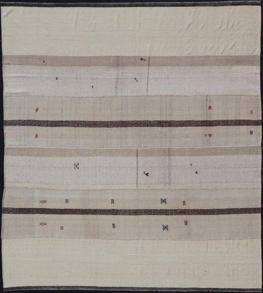 Large Vintage Turkish Kilim Rug with Multiple Panels in Taupe, Brown and Cream. Vintage Flat - weave Kilim rug from Turkey with stripes in brown, taupe, and cream Rug TU - NED - 1004, country of origin / type: Turkey / Kilim, circa 1930 Woven ... - Keivan Woven ArtsTU - NED - 1004 - 14560