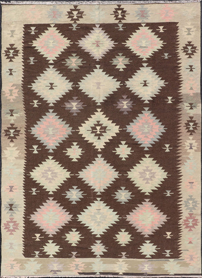 Tribal and Geometrics Turkish Kilim in brown with Cream, Pink, light gray/Blue. Turkish Kilim vintage in dark brown background and cream with graphic tribal design, Keivan Woven Arts rug/TU - NED - 1009, country of origin / type: Turkey / Kilim, ci... - Keivan Woven ArtsTU - NED - 1009 - 14318Rug