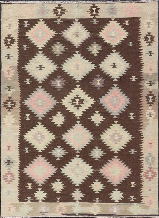 Tribal and Geometrics Turkish Kilim in brown with Cream, Pink, light gray/Blue. Turkish Kilim vintage in dark brown background and cream with graphic tribal design, Keivan Woven Arts rug/TU - NED - 1009, country of origin / type: Turkey / Kilim, ci... - Keivan Woven ArtsTU - NED - 1009 - 14318