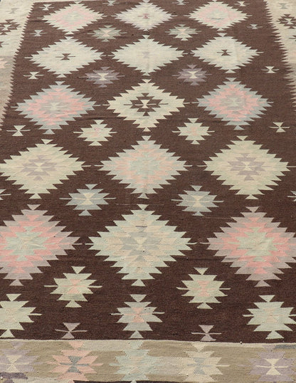 Tribal and Geometrics Turkish Kilim in brown with Cream, Pink, light gray/Blue. Turkish Kilim vintage in dark brown background and cream with graphic tribal design, Keivan Woven Arts rug/TU - NED - 1009, country of origin / type: Turkey / Kilim, ci... - Keivan Woven ArtsTU - NED - 1009 - 14318Rug