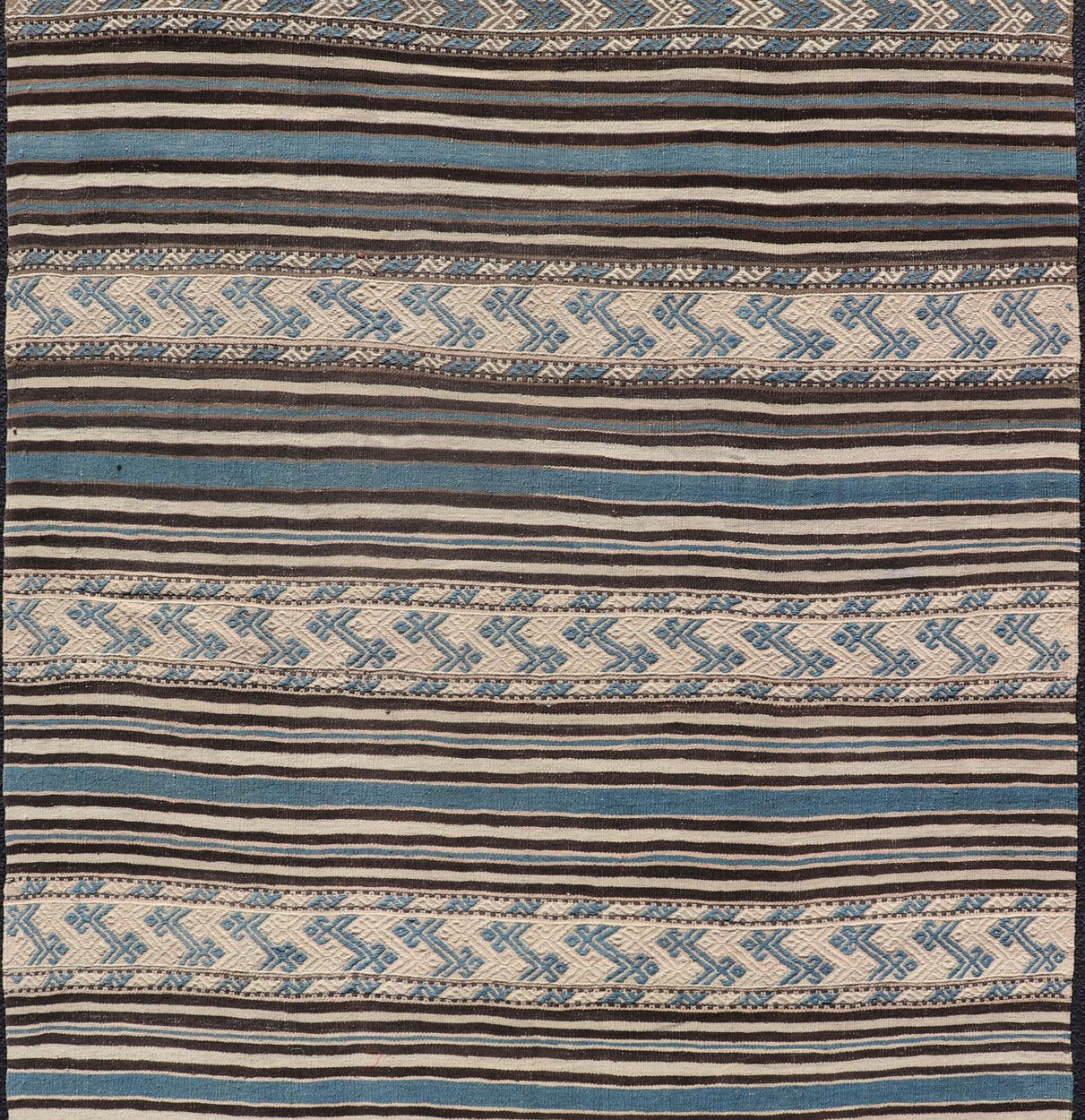 Turkish Vintage Flat - Weave with Striped Design and Tribal Motifs in Blue & Brown. Flat - woven Kilim in brown, cream, and blue, rug TU - NED - 1011, country of origin / type: Turkey / Kilim, circa 1950 This Turkish Kilim flat - woven is perfectl... - Keivan Woven ArtsTU - NED - 1011 - 14322Rug