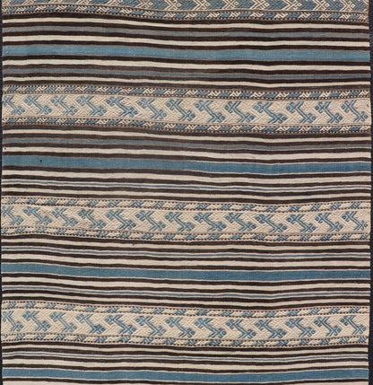 Turkish Vintage Flat - Weave with Striped Design and Tribal Motifs in Blue & Brown. Flat - woven Kilim in brown, cream, and blue, rug TU - NED - 1011, country of origin / type: Turkey / Kilim, circa 1950 This Turkish Kilim flat - woven is perfectl... - Keivan Woven ArtsTU - NED - 1011 - 14322Rug