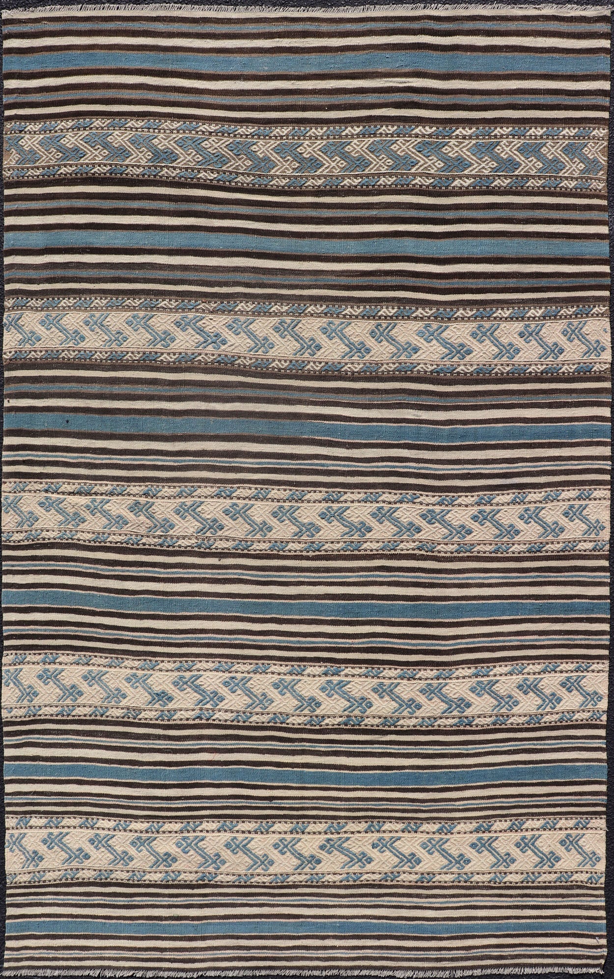 Turkish Vintage Flat - Weave with Striped Design and Tribal Motifs in Blue & Brown. Flat - woven Kilim in brown, cream, and blue, rug TU - NED - 1011, country of origin / type: Turkey / Kilim, circa 1950 This Turkish Kilim flat - woven is perfectl... - Keivan Woven ArtsTU - NED - 1011 - 14322Rug