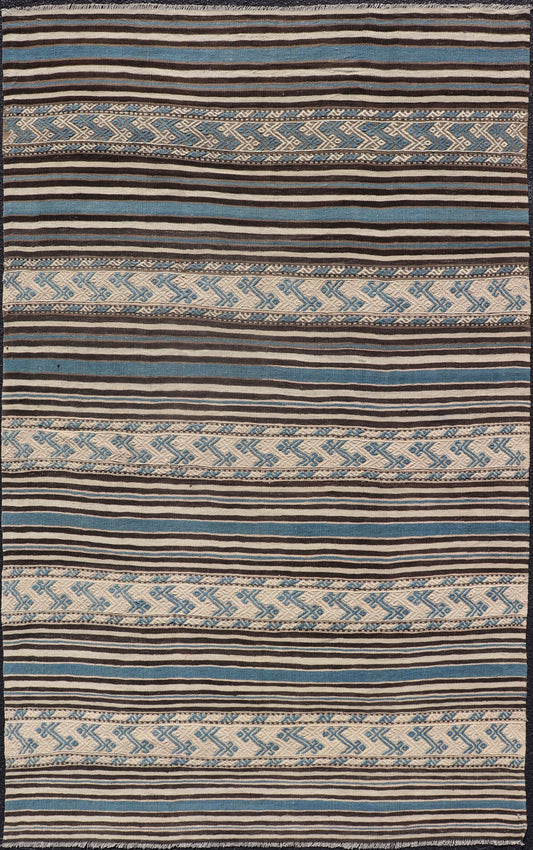 Turkish Vintage Flat - Weave with Striped Design and Tribal Motifs in Blue & Brown. Flat - woven Kilim in brown, cream, and blue, rug TU - NED - 1011, country of origin / type: Turkey / Kilim, circa 1950 This Turkish Kilim flat - woven is perfectl... - Keivan Woven ArtsTU - NED - 1011 - 14322