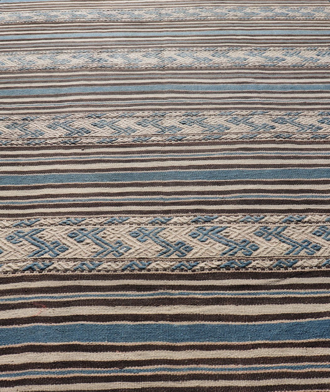 Turkish Vintage Flat - Weave with Striped Design and Tribal Motifs in Blue & Brown. Flat - woven Kilim in brown, cream, and blue, rug TU - NED - 1011, country of origin / type: Turkey / Kilim, circa 1950 This Turkish Kilim flat - woven is perfectl... - Keivan Woven ArtsTU - NED - 1011 - 14322Rug