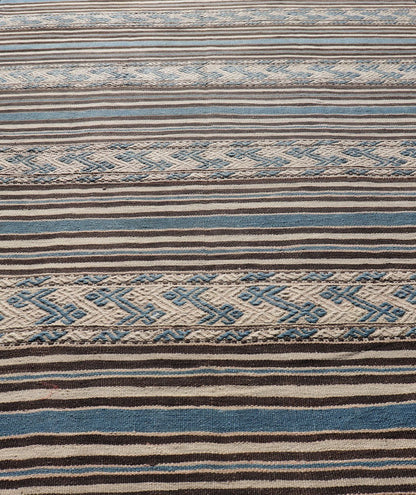 Turkish Vintage Flat - Weave with Striped Design and Tribal Motifs in Blue & Brown. Flat - woven Kilim in brown, cream, and blue, rug TU - NED - 1011, country of origin / type: Turkey / Kilim, circa 1950 This Turkish Kilim flat - woven is perfectl... - Keivan Woven ArtsTU - NED - 1011 - 14322Rug