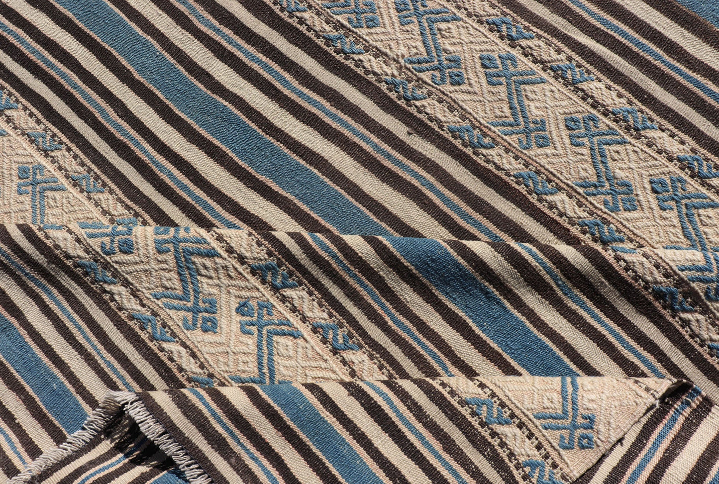 Turkish Vintage Flat - Weave with Striped Design and Tribal Motifs in Blue & Brown. Flat - woven Kilim in brown, cream, and blue, rug TU - NED - 1011, country of origin / type: Turkey / Kilim, circa 1950 This Turkish Kilim flat - woven is perfectl... - Keivan Woven ArtsTU - NED - 1011 - 14322Rug