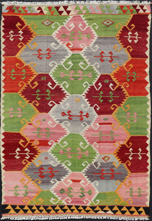 Vintage Turkish Kilim with Bright & Colorful Geometrics Diamond Design. Unique Geometric diamond vintage Turkish Kilim rug, bright and colorful, rug TU - NED - 1014, country of origin / type: Turkey / Kilim, circa 1950 This geometric Kilim fr... - Keivan Woven ArtsTU - NED - 1014 - 14326