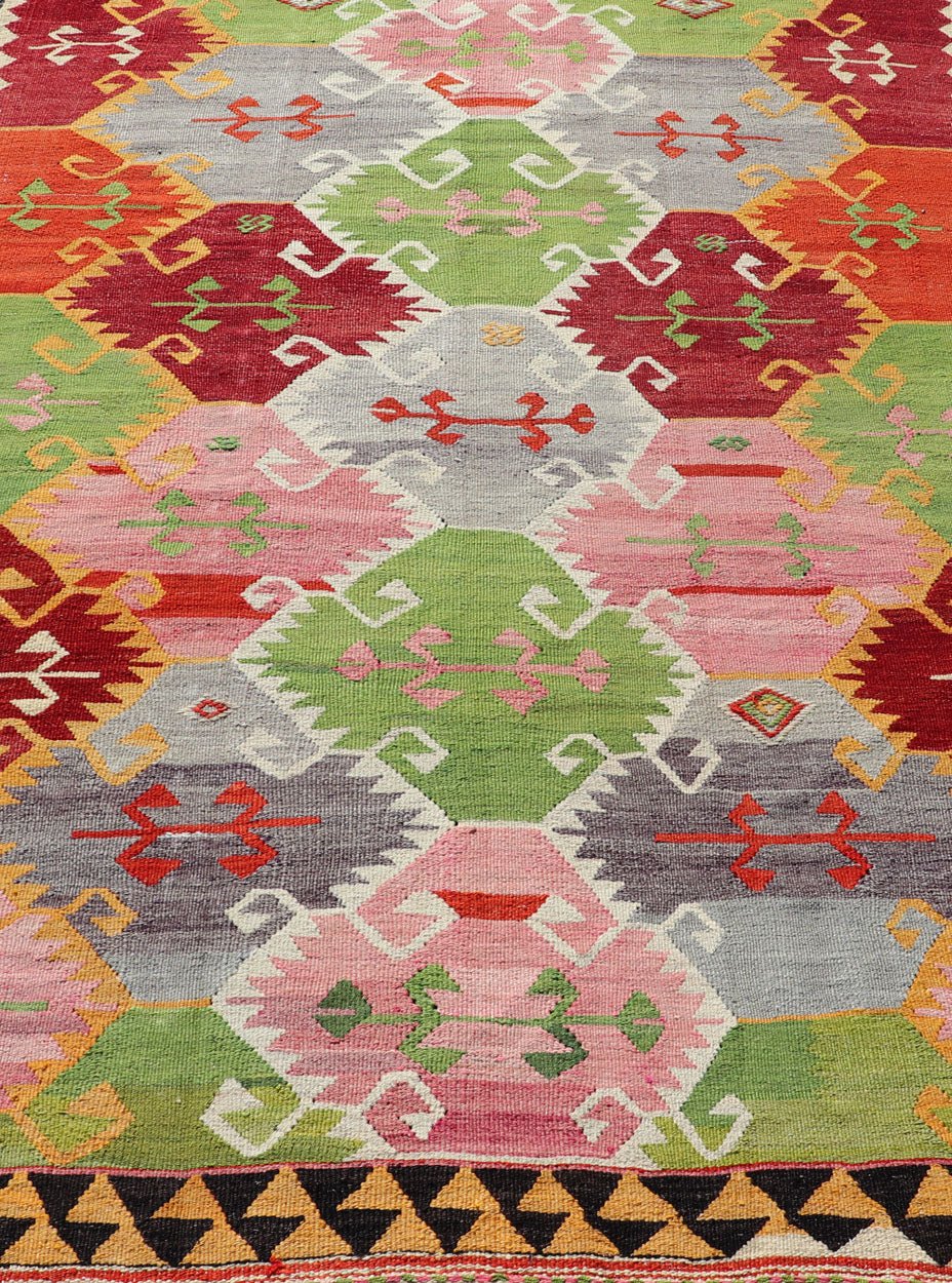 Vintage Turkish Kilim with Bright & Colorful Geometrics Diamond Design. Unique Geometric diamond vintage Turkish Kilim rug, bright and colorful, rug TU - NED - 1014, country of origin / type: Turkey / Kilim, circa 1950 This geometric Kilim fr... - Keivan Woven ArtsTU - NED - 1014 - 14326Rug