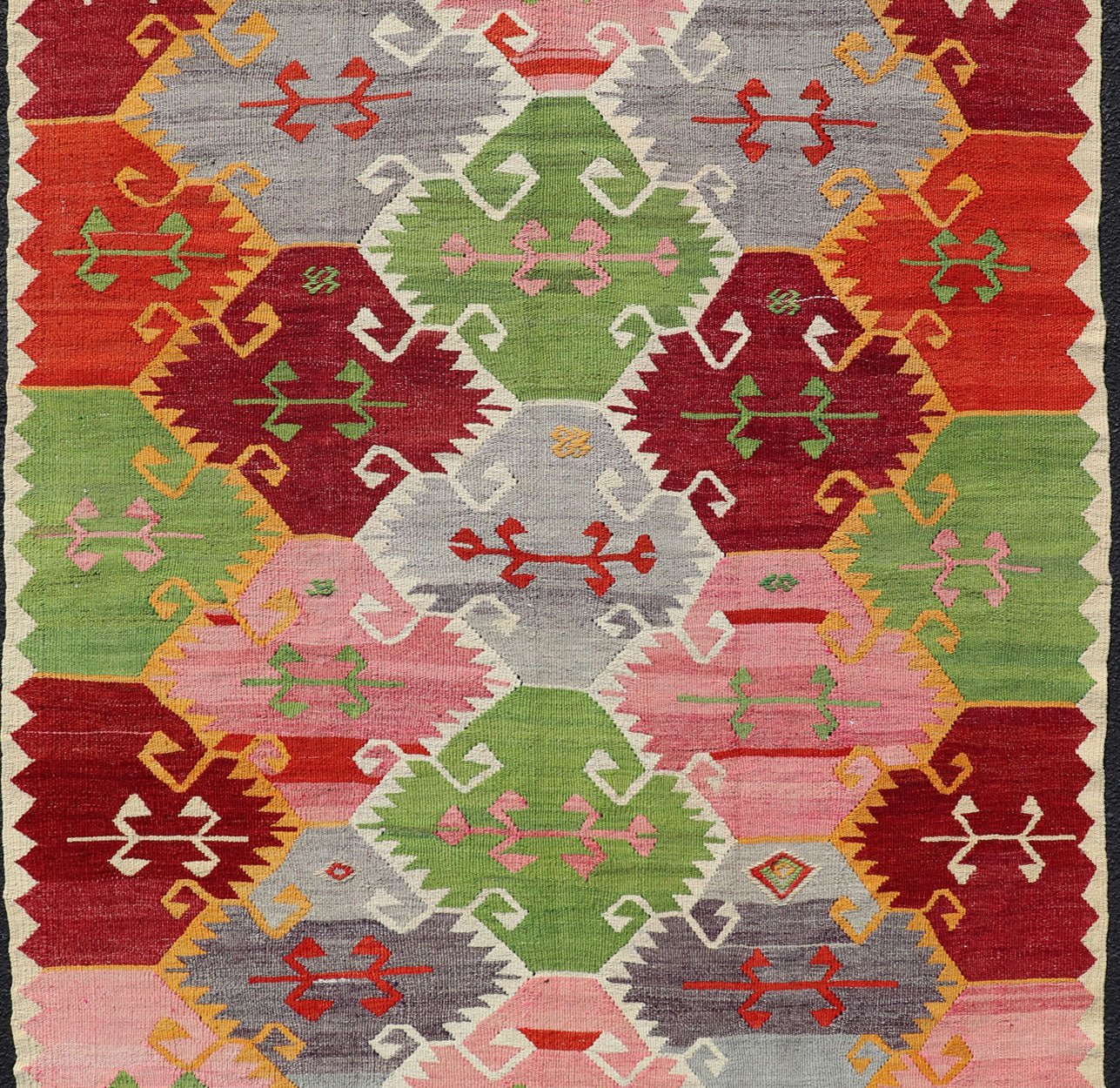 Vintage Turkish Kilim with Bright & Colorful Geometrics Diamond Design. Unique Geometric diamond vintage Turkish Kilim rug, bright and colorful, rug TU - NED - 1014, country of origin / type: Turkey / Kilim, circa 1950 This geometric Kilim fr... - Keivan Woven ArtsTU - NED - 1014 - 14326Rug