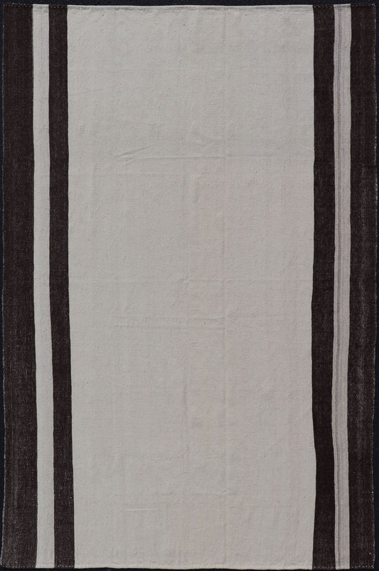 Minimalist Design Off White and Brown Colored Vintage Turkish Kilim Rug. Keivan Woven Arts / rug TU - NED - 1017, country of origin / type: Turkey / Kilim, circa 1950 Measures: 5'7 x 9'1 This mid - century vintage Kilim is set on an off white/... - Keivan Woven ArtsTU - NED - 1017 - 14482