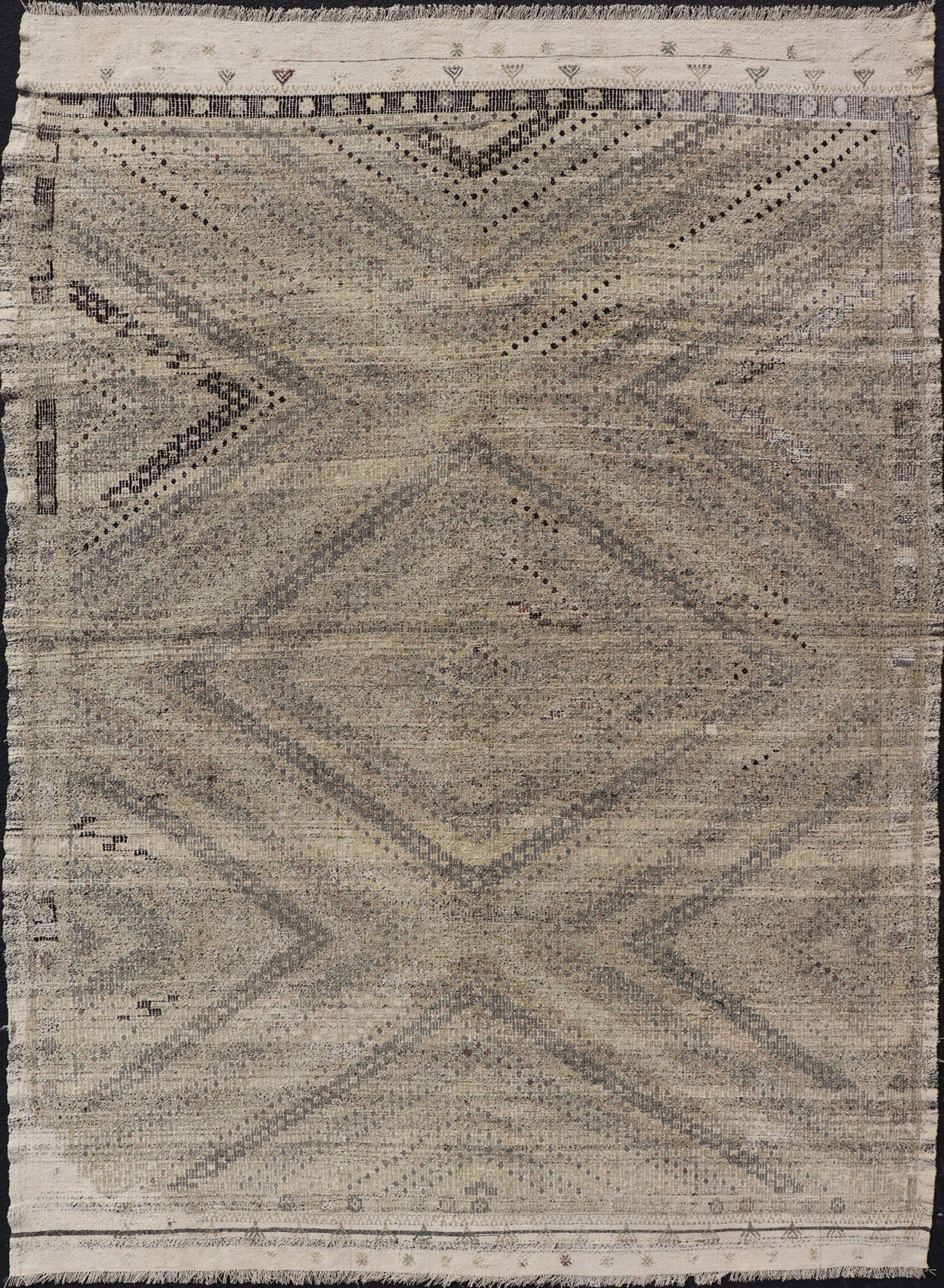 Vintage Turkish Embroidered Flat - Weave Rug with Neutral - Toned Geometric Design. Geometric design vintage Kilim rug from Turkey in neutral, muted tones, rug TU - NED - 1018, country of origin / type: Turkey / Kilim, circa 1960. Featuring a bea... - Keivan Woven ArtsTU - NED - 1018 - 14512Rug