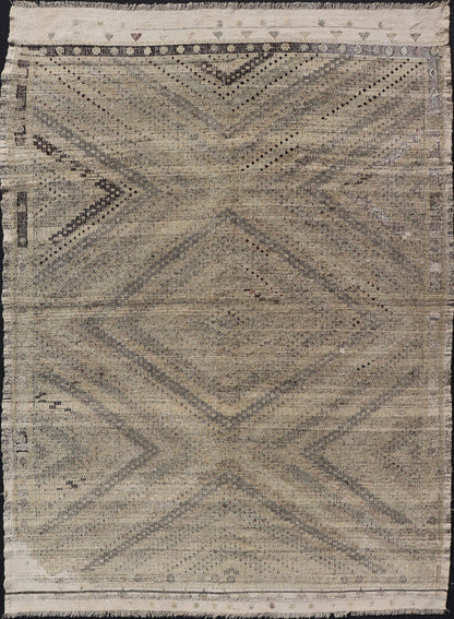 Vintage Turkish Embroidered Flat - Weave Rug with Neutral - Toned Geometric Design. Geometric design vintage Kilim rug from Turkey in neutral, muted tones, rug TU - NED - 1018, country of origin / type: Turkey / Kilim, circa 1960. Featuring a bea... - Keivan Woven ArtsTU - NED - 1018 - 14512Rug