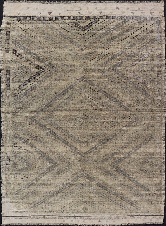 Vintage Turkish Embroidered Flat - Weave Rug with Neutral - Toned Geometric Design. Geometric design vintage Kilim rug from Turkey in neutral, muted tones, rug TU - NED - 1018, country of origin / type: Turkey / Kilim, circa 1960. Featuring a bea... - Keivan Woven ArtsTU - NED - 1018 - 14512Rug