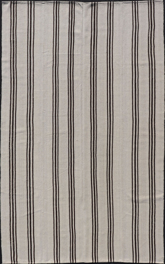 Vintage Turkish Kilim Rug With Vertical Stripes in Off White and Brown Stripes made with two panels. vintage kilim, vintage natural colors kilim Flat - weave Kilim vintage rug from Turkey with vertical stripes in brown and cream. Keivan Woven Arts... - Keivan Woven ArtsTU - NED - 1021 - 3 - 14516