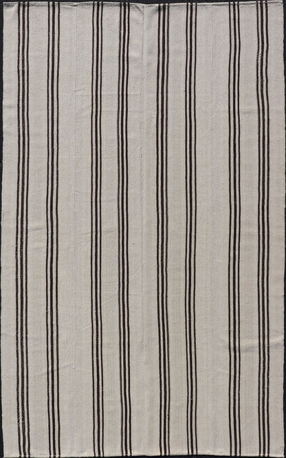 Vintage Turkish Kilim Rug With Vertical Stripes in Off White and Brown Stripes made with two panels. vintage kilim, vintage natural colors kilim Flat - weave Kilim vintage rug from Turkey with vertical stripes in brown and cream. Keivan Woven Arts... - Keivan Woven ArtsTU - NED - 1021 - 3 - 14516Rug