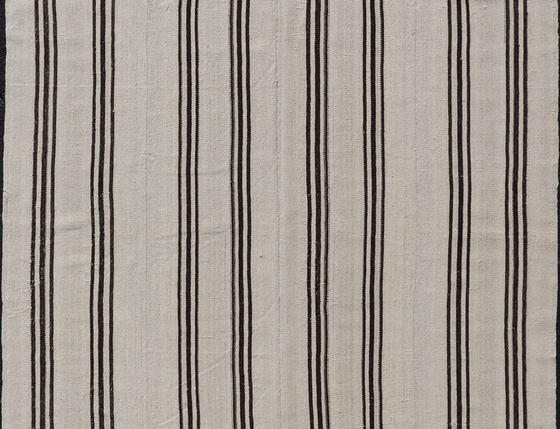 Vintage Turkish Kilim Rug With Vertical Stripes in Off White and Brown Stripes made with two panels. vintage kilim, vintage natural colors kilim Flat - weave Kilim vintage rug from Turkey with vertical stripes in brown and cream. Keivan Woven Arts... - Keivan Woven ArtsTU - NED - 1021 - 3 - 14516Rug