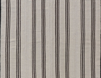 Vintage Turkish Kilim Rug With Vertical Stripes in Off White and Brown Stripes made with two panels. vintage kilim, vintage natural colors kilim Flat - weave Kilim vintage rug from Turkey with vertical stripes in brown and cream. Keivan Woven Arts... - Keivan Woven ArtsTU - NED - 1021 - 3 - 14516Rug