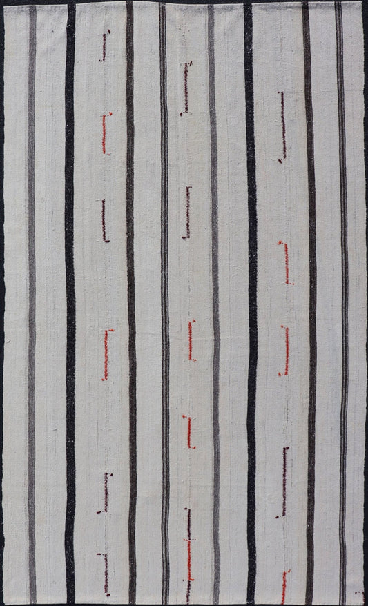 Vintage Turkish Kilim Rug with Vertical Stripes in Chocolate Brown and Cream. Keivan Woven Arts / Rug TU - NED - 1021 - 7, country of origin / type: Turkey / Kilim, circa 1950 Measures: 6'2 x 11'0 Woven during the mid - 20th century in Turkey, this Kili... - Keivan Woven ArtsTU - NED - 1021 - 7 - 14486