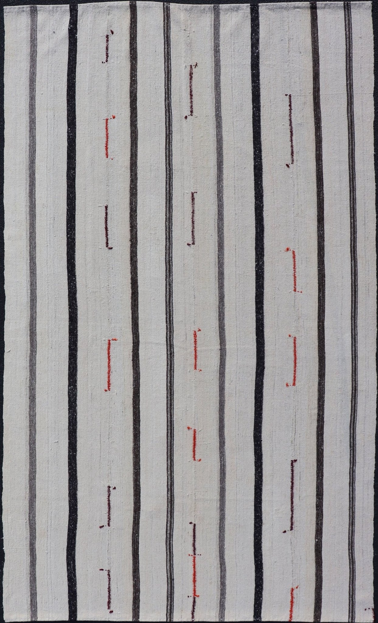 Vintage Turkish Kilim Rug with Vertical Stripes in Chocolate Brown and Cream. Keivan Woven Arts / Rug TU - NED - 1021 - 7, country of origin / type: Turkey / Kilim, circa 1950 Measures: 6'2 x 11'0 Woven during the mid - 20th century in Turkey, this Kili... - Keivan Woven ArtsTU - NED - 1021 - 7 - 14486Rug