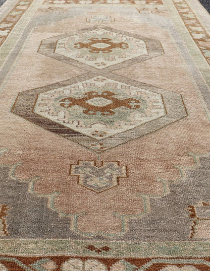 Vintage Turkish Anatolian Rug in light Lavender, Pink, Light Gray, Brown, Cream & light Green. Midcentury Turkish Oushak rug with diamond medallions in lavender, pink, brown, cream and blue rug TU - NED - 1023, country of origin / type: Turkey / Ou... - Keivan Woven ArtsTU - NED - 1023 - 14392Rug