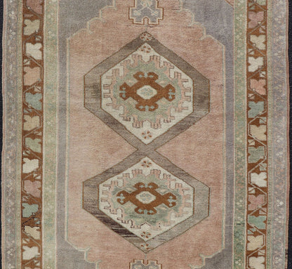 Vintage Turkish Anatolian Rug in light Lavender, Pink, Light Gray, Brown, Cream & light Green. Midcentury Turkish Oushak rug with diamond medallions in lavender, pink, brown, cream and blue rug TU - NED - 1023, country of origin / type: Turkey / Ou... - Keivan Woven ArtsTU - NED - 1023 - 14392Rug