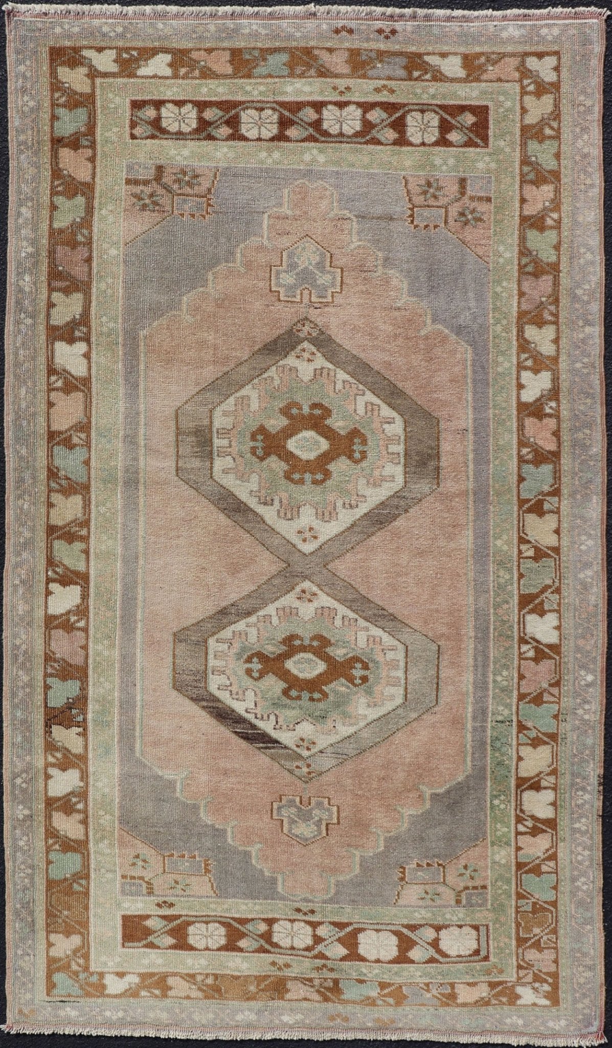 Vintage Turkish Anatolian Rug in light Lavender, Pink, Light Gray, Brown, Cream & light Green. Midcentury Turkish Oushak rug with diamond medallions in lavender, pink, brown, cream and blue rug TU - NED - 1023, country of origin / type: Turkey / Ou... - Keivan Woven ArtsTU - NED - 1023 - 14392Rug