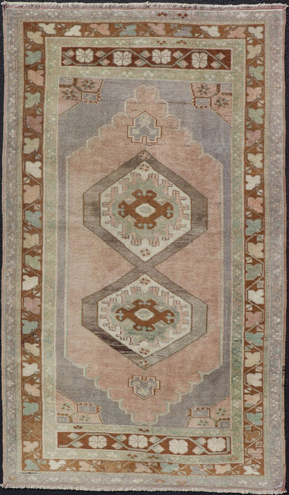 Vintage Turkish Anatolian Rug in light Lavender, Pink, Light Gray, Brown, Cream & light Green. Midcentury Turkish Oushak rug with diamond medallions in lavender, pink, brown, cream and blue rug TU - NED - 1023, country of origin / type: Turkey / Ou... - Keivan Woven ArtsTU - NED - 1023 - 14392Rug