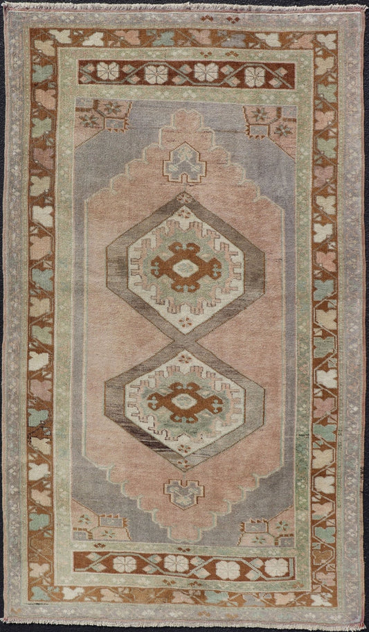 Vintage Turkish Anatolian Rug in light Lavender, Pink, Light Gray, Brown, Cream & light Green. Midcentury Turkish Oushak rug with diamond medallions in lavender, pink, brown, cream and blue rug TU - NED - 1023, country of origin / type: Turkey / Ou... - Keivan Woven ArtsTU - NED - 1023 - 14392Rug