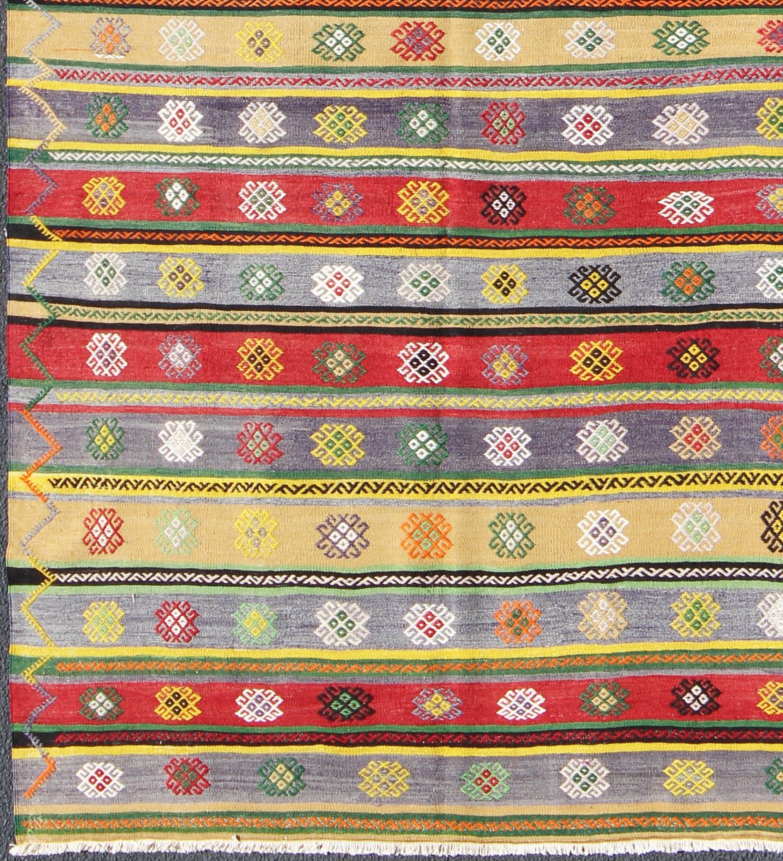 Colorful Large Turkish Kilim Carpet with Striped Geometric Shapes Design Turkish Kilim Carpet with Striped Geometric Shapes Design. Keivan Woven Arts / rug/TU - NED - 103 origin/turkey mid - 20th Century. Featuring tribal shapes with a spo... - Keivan Woven ArtsTU - NED - 103 - 3514Rug