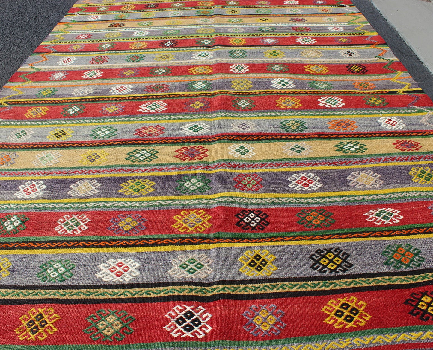 Colorful Large Turkish Kilim Carpet with Striped Geometric Shapes Design Turkish Kilim Carpet with Striped Geometric Shapes Design. Keivan Woven Arts / rug/TU - NED - 103 origin/turkey mid - 20th Century. Featuring tribal shapes with a spo... - Keivan Woven ArtsTU - NED - 103 - 3514Rug
