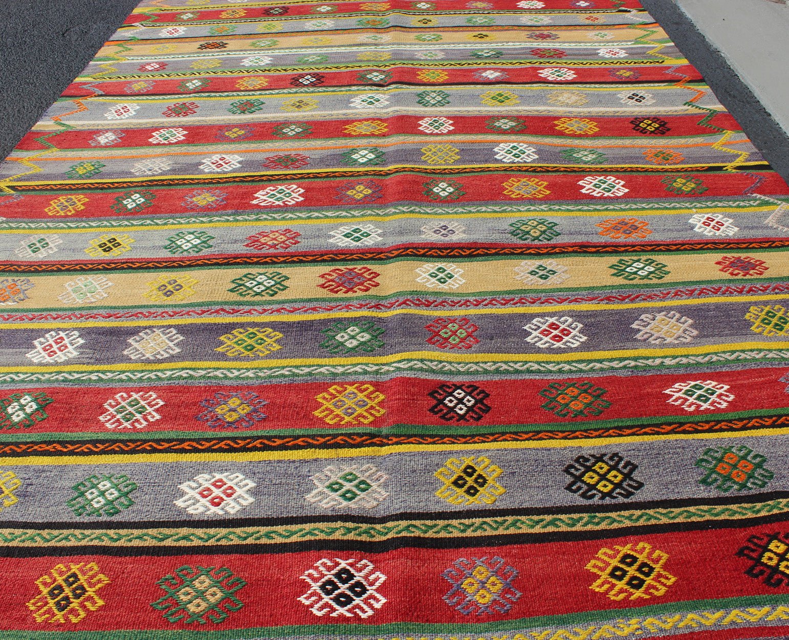 Colorful Large Turkish Kilim Carpet with Striped Geometric Shapes Design Turkish Kilim Carpet with Striped Geometric Shapes Design. Keivan Woven Arts / rug/TU - NED - 103 origin/turkey mid - 20th Century. Featuring tribal shapes with a spo... - Keivan Woven ArtsTU - NED - 103 - 3514Rug