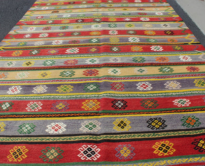 Colorful Large Turkish Kilim Carpet with Striped Geometric Shapes Design Turkish Kilim Carpet with Striped Geometric Shapes Design. Keivan Woven Arts / rug/TU - NED - 103 origin/turkey mid - 20th Century. Featuring tribal shapes with a spo... - Keivan Woven ArtsTU - NED - 103 - 3514Rug