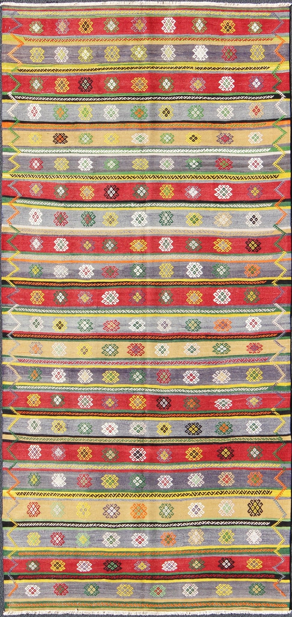 Colorful Large Turkish Kilim Carpet with Striped Geometric Shapes Design Turkish Kilim Carpet with Striped Geometric Shapes Design. Keivan Woven Arts / rug/TU - NED - 103 origin/turkey mid - 20th Century. Featuring tribal shapes with a spo... - Keivan Woven ArtsTU - NED - 103 - 3514Rug