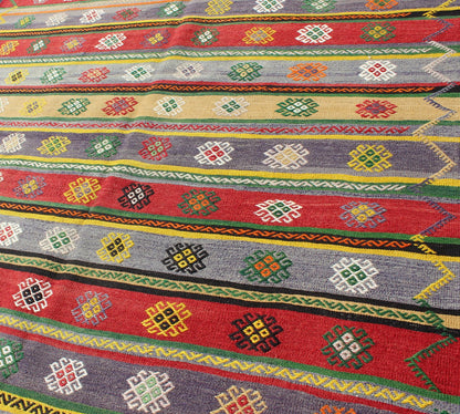 Colorful Large Turkish Kilim Carpet with Striped Geometric Shapes Design Turkish Kilim Carpet with Striped Geometric Shapes Design. Keivan Woven Arts / rug/TU - NED - 103 origin/turkey mid - 20th Century. Featuring tribal shapes with a spo... - Keivan Woven ArtsTU - NED - 103 - 3514Rug