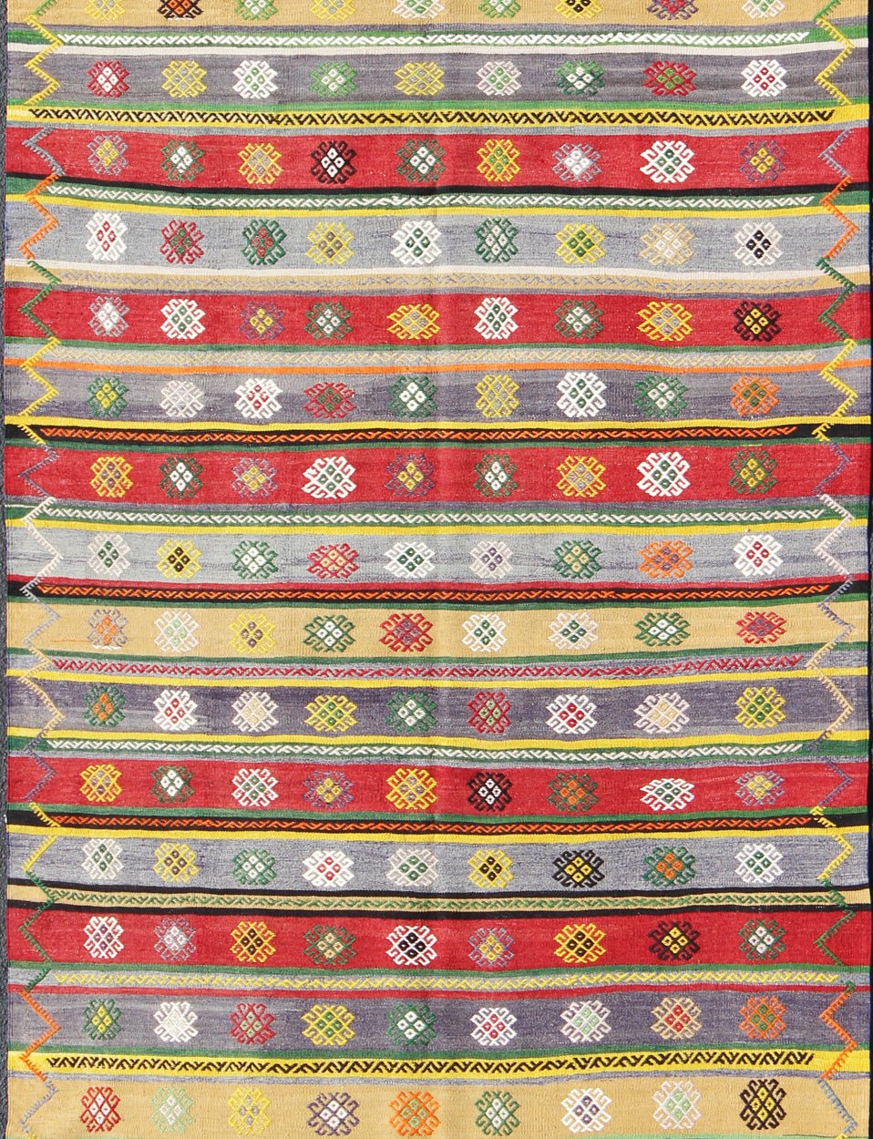 Colorful Large Turkish Kilim Carpet with Striped Geometric Shapes Design Turkish Kilim Carpet with Striped Geometric Shapes Design. Keivan Woven Arts / rug/TU - NED - 103 origin/turkey mid - 20th Century. Featuring tribal shapes with a spo... - Keivan Woven ArtsTU - NED - 103 - 3514Rug