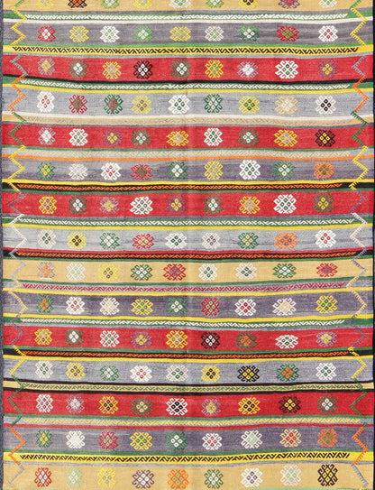 Colorful Large Turkish Kilim Carpet with Striped Geometric Shapes Design Turkish Kilim Carpet with Striped Geometric Shapes Design. Keivan Woven Arts / rug/TU - NED - 103 origin/turkey mid - 20th Century. Featuring tribal shapes with a spo... - Keivan Woven ArtsTU - NED - 103 - 3514Rug