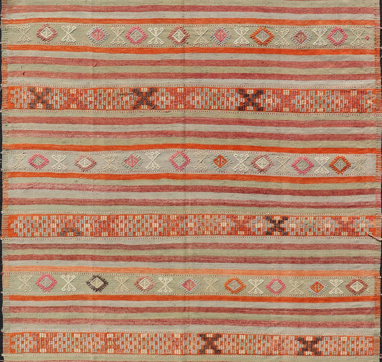 Vintage Turkish Kilim with with Embroideries in Colorful Stripes including Orange, Lt. green, red & gray, charcoal and teal blue. Measures:6'8 x 11'4 Vintage Turkish Kilim rug with geometric shapes and colorful stripes. Keivan Woven Arts / rug TU... - Keivan Woven ArtsTU - NED - 1030 - 14330Rug