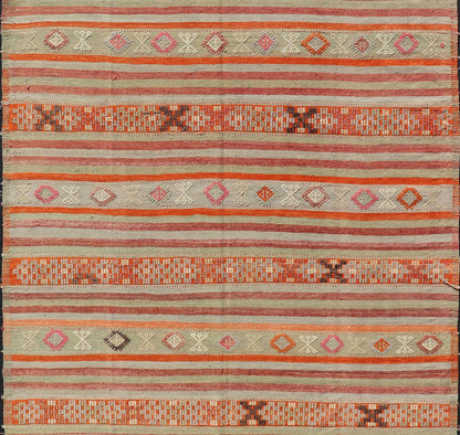 Vintage Turkish Kilim with with Embroideries in Colorful Stripes including Orange, Lt. green, red & gray, charcoal and teal blue. Measures:6'8 x 11'4 Vintage Turkish Kilim rug with geometric shapes and colorful stripes. Keivan Woven Arts / rug TU... - Keivan Woven ArtsTU - NED - 1030 - 14330Rug