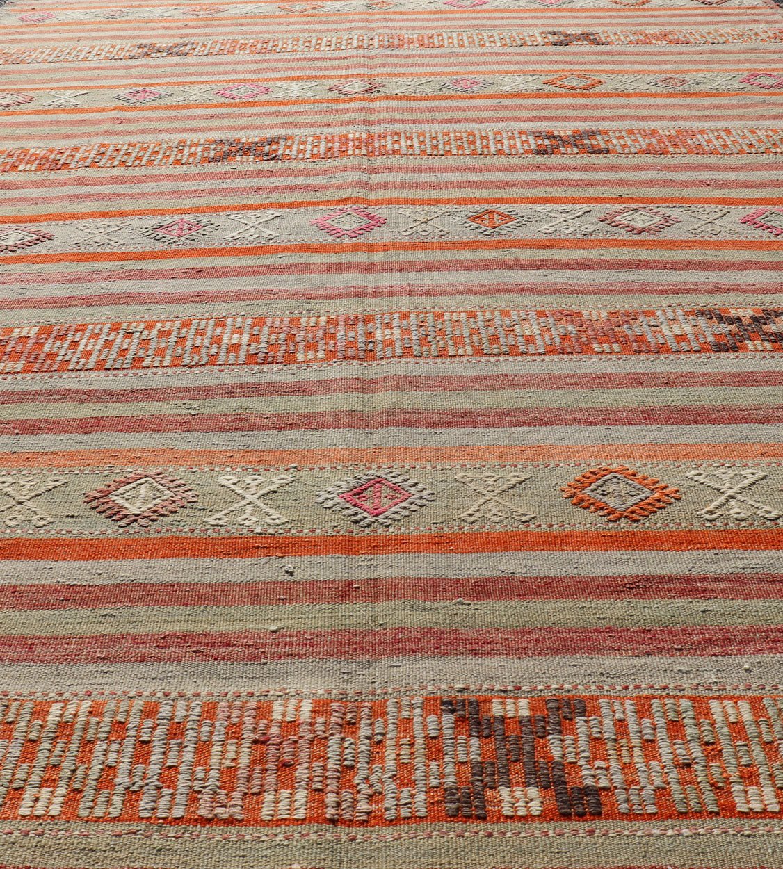 Vintage Turkish Kilim with with Embroideries in Colorful Stripes including Orange, Lt. green, red & gray, charcoal and teal blue. Measures:6'8 x 11'4 Vintage Turkish Kilim rug with geometric shapes and colorful stripes. Keivan Woven Arts / rug TU... - Keivan Woven ArtsTU - NED - 1030 - 14330Rug