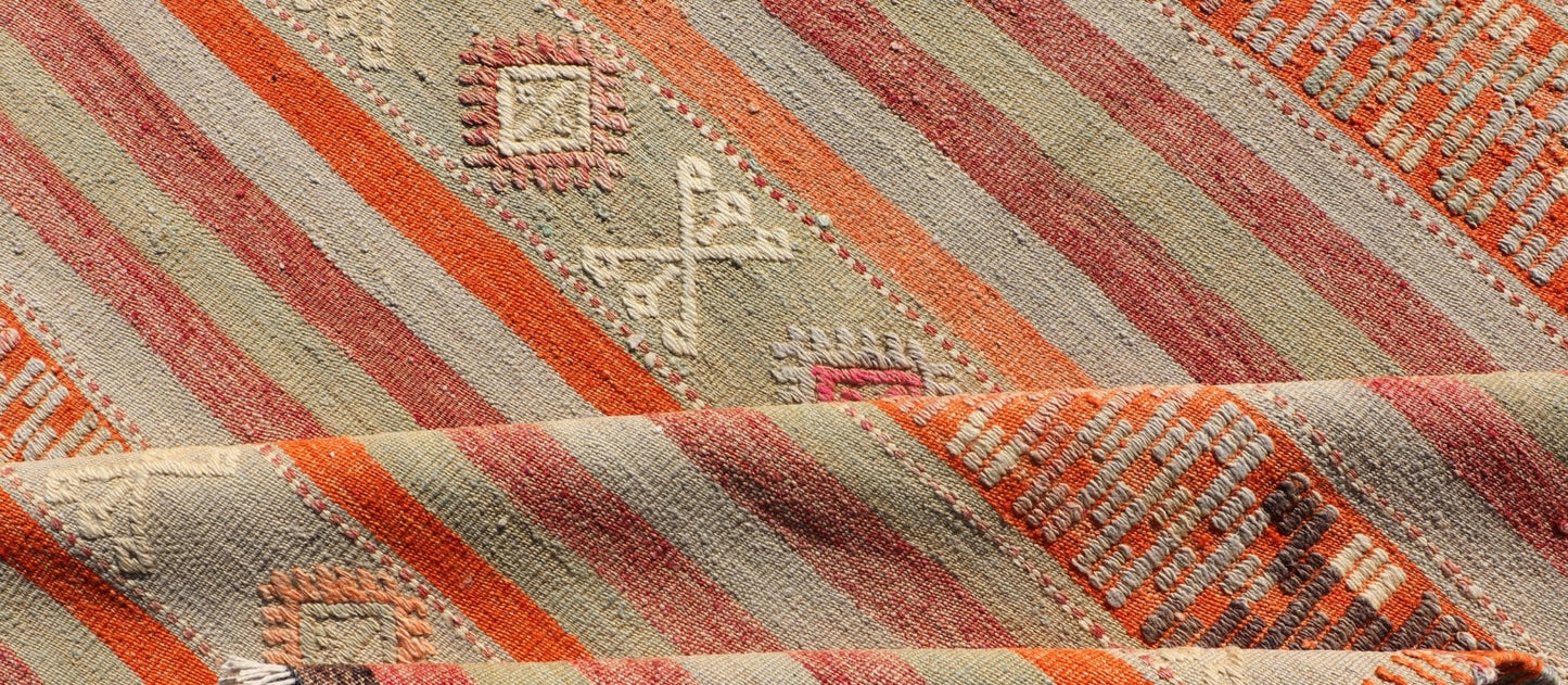 Vintage Turkish Kilim with with Embroideries in Colorful Stripes including Orange, Lt. green, red & gray, charcoal and teal blue. Measures:6'8 x 11'4 Vintage Turkish Kilim rug with geometric shapes and colorful stripes. Keivan Woven Arts / rug TU... - Keivan Woven ArtsTU - NED - 1030 - 14330Rug