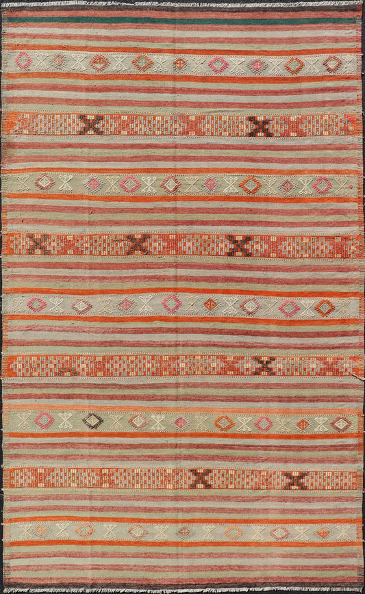 Vintage Turkish Kilim with with Embroideries in Colorful Stripes including Orange, Lt. green, red & gray, charcoal and teal blue. Measures:6'8 x 11'4 Vintage Turkish Kilim rug with geometric shapes and colorful stripes. Keivan Woven Arts / rug TU... - Keivan Woven ArtsTU - NED - 1030 - 14330